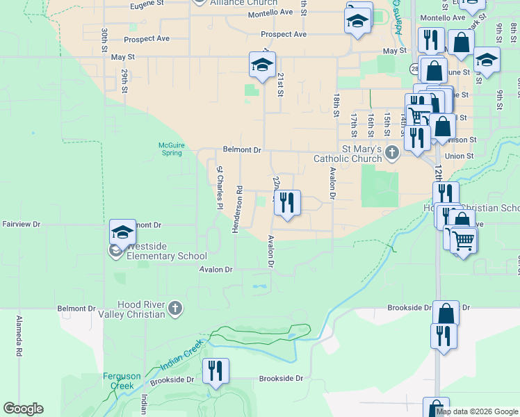 map of restaurants, bars, coffee shops, grocery stores, and more near 1721 Heritage Loop in Hood River