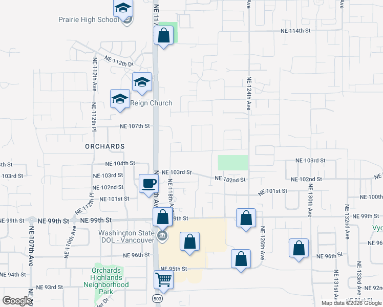 map of restaurants, bars, coffee shops, grocery stores, and more near 10505 Northeast 117th Avenue in Vancouver