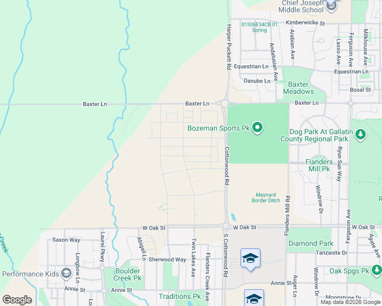 map of restaurants, bars, coffee shops, grocery stores, and more near 5250 Baxter Lane in Bozeman