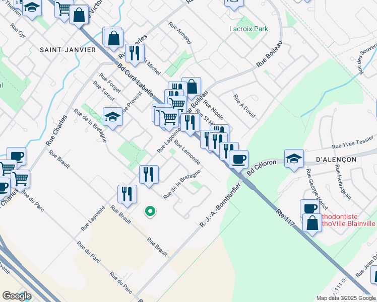 map of restaurants, bars, coffee shops, grocery stores, and more near 13295 Rue Lemonde in Mirabel
