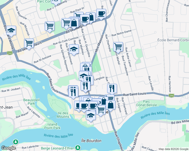 map of restaurants, bars, coffee shops, grocery stores, and more near 549 Rue de Louisbourg in Terrebonne