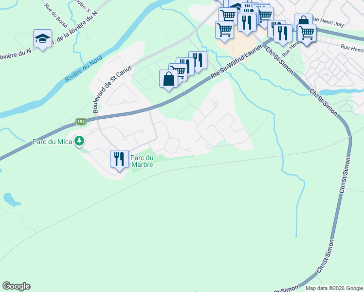 map of restaurants, bars, coffee shops, grocery stores, and more near 13570 Rue du Taillandier in Mirabel