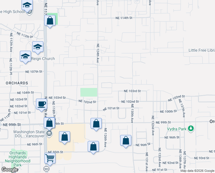 map of restaurants, bars, coffee shops, grocery stores, and more near 12508 Northeast 103rd Way in Vancouver