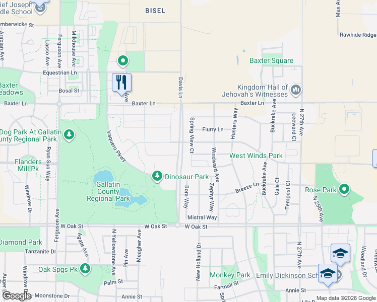 map of restaurants, bars, coffee shops, grocery stores, and more near Davis Lane in Bozeman
