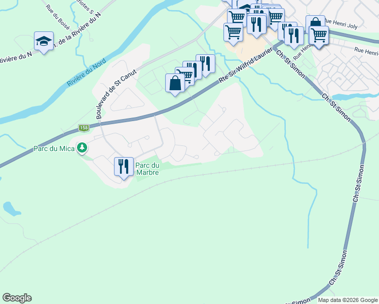 map of restaurants, bars, coffee shops, grocery stores, and more near 13570 Rue du Taillandier in Mirabel
