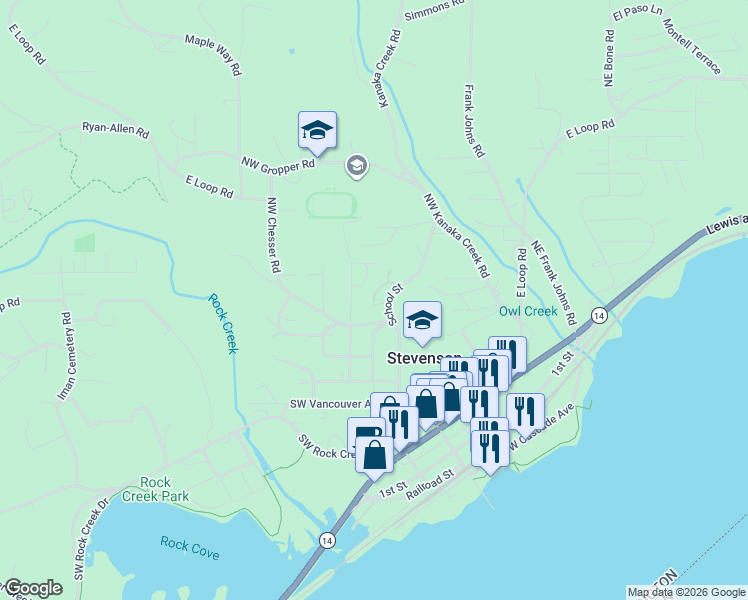 map of restaurants, bars, coffee shops, grocery stores, and more near 201 Maple Alameda Road in Stevenson