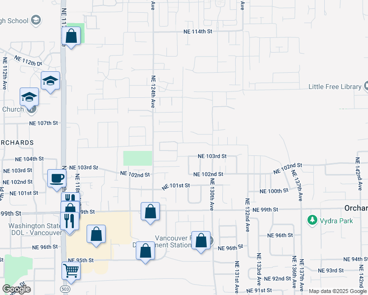 map of restaurants, bars, coffee shops, grocery stores, and more near 12703 Northeast 104th Street in Vancouver