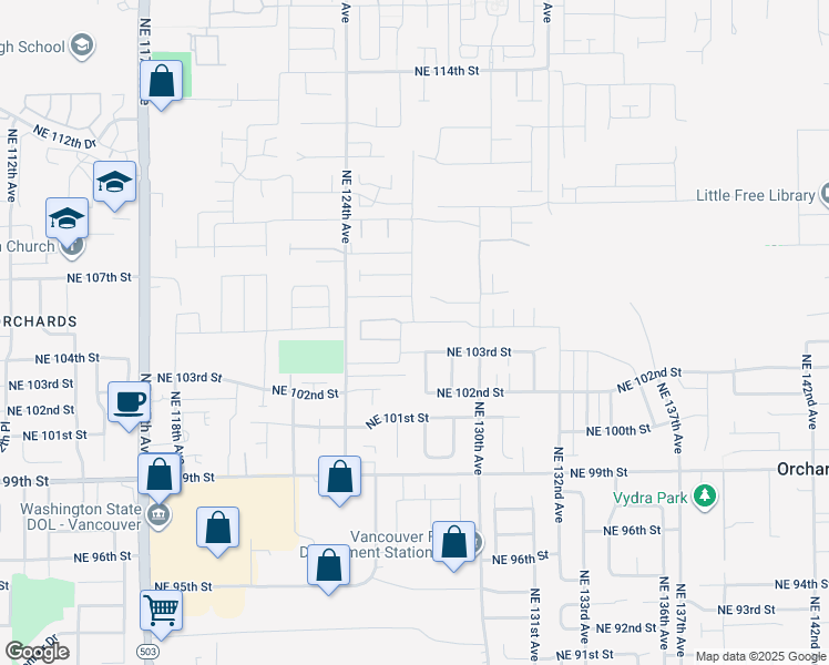 map of restaurants, bars, coffee shops, grocery stores, and more near 12703 Northeast 104th Street in Vancouver