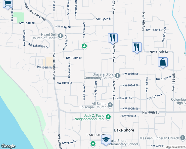 map of restaurants, bars, coffee shops, grocery stores, and more near 2505 Northwest 106th Street in Vancouver