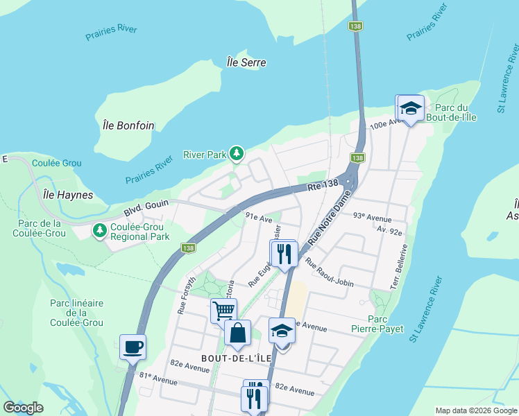 map of restaurants, bars, coffee shops, grocery stores, and more near 16310 Rue Sherbrooke Est in Montréal