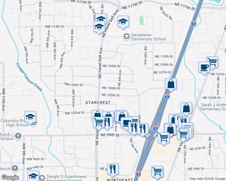 map of restaurants, bars, coffee shops, grocery stores, and more near 501 Northeast 106th Street in Vancouver