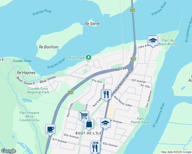 map of restaurants, bars, coffee shops, grocery stores, and more near 16310 Rue Sherbrooke Est in Montréal