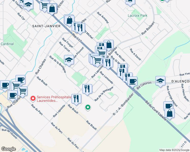 map of restaurants, bars, coffee shops, grocery stores, and more near 18250 Rue Lapointe in Mirabel