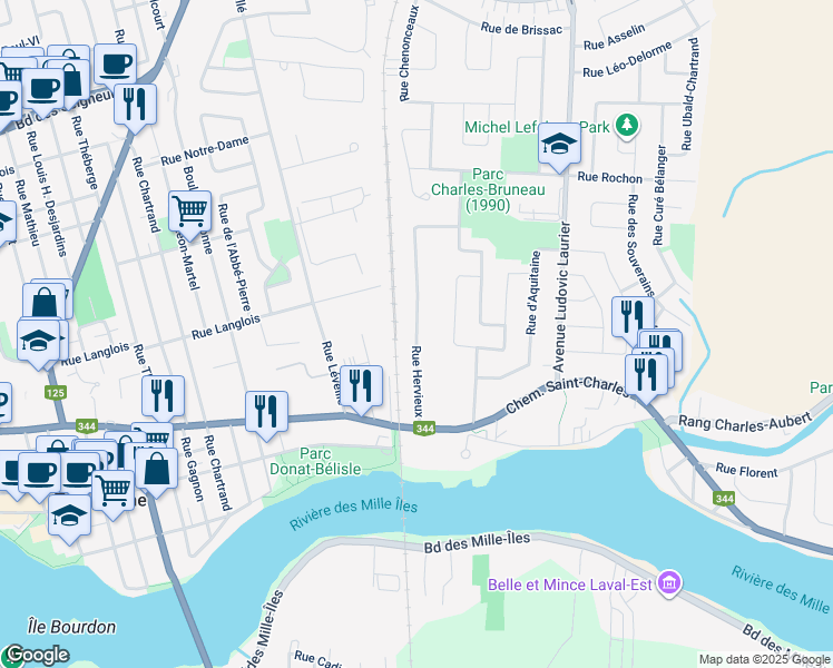 map of restaurants, bars, coffee shops, grocery stores, and more near Rue Hervieux in Terrebonne