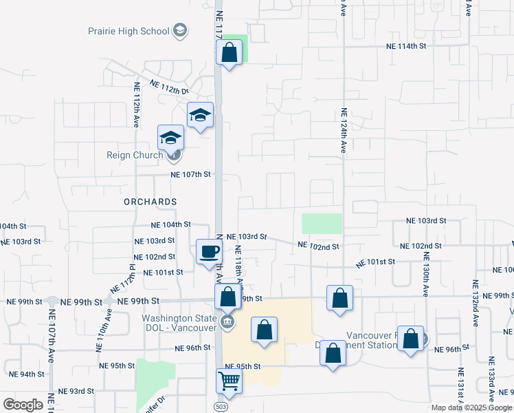 map of restaurants, bars, coffee shops, grocery stores, and more near 10505 Northeast 117th Avenue in Vancouver