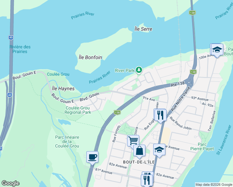 map of restaurants, bars, coffee shops, grocery stores, and more near 17000 Boulevard Gouin Est in Montréal
