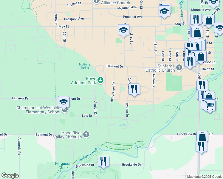 map of restaurants, bars, coffee shops, grocery stores, and more near 812 Henderson Road in Hood River