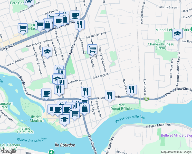 map of restaurants, bars, coffee shops, grocery stores, and more near Rue Léon Martel in Terrebonne