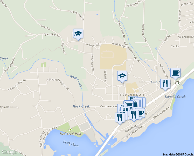 map of restaurants, bars, coffee shops, grocery stores, and more near 408 Northwest Hot Springs Alameda Road in Stevenson