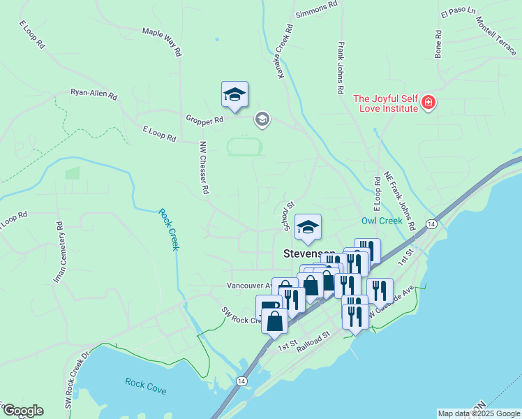 map of restaurants, bars, coffee shops, grocery stores, and more near 246 Northwest Roosevelt Street in Stevenson