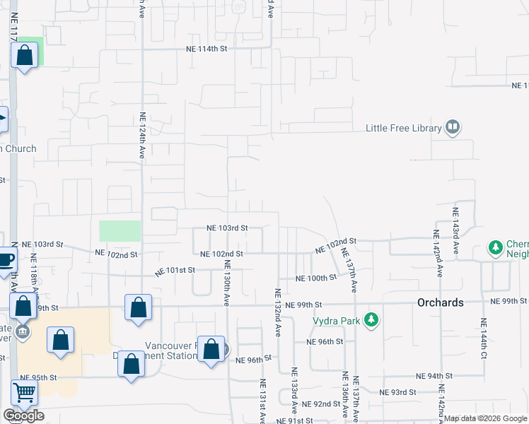 map of restaurants, bars, coffee shops, grocery stores, and more near 13105 Northeast 104th Street in Vancouver