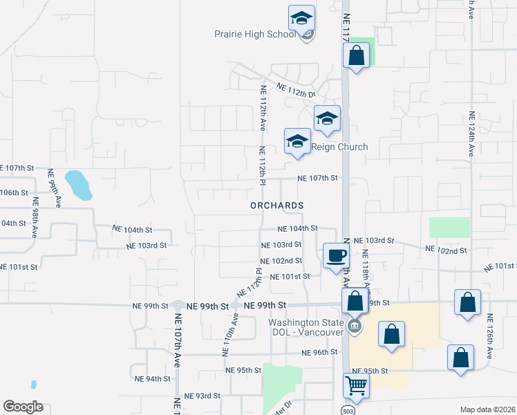 map of restaurants, bars, coffee shops, grocery stores, and more near 10423 Northeast 112th Place in Vancouver