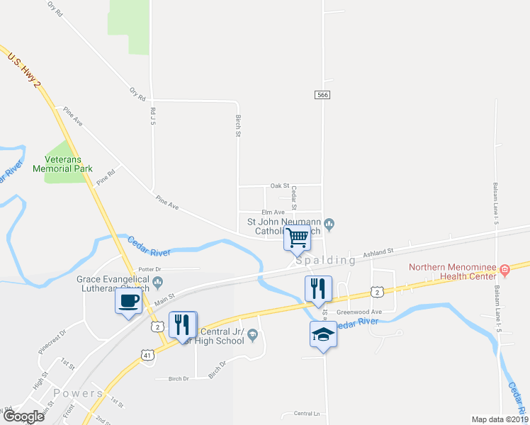 map of restaurants, bars, coffee shops, grocery stores, and more near Elm Avenue in Spalding