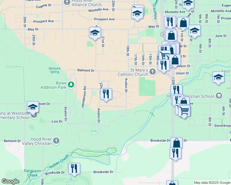 map of restaurants, bars, coffee shops, grocery stores, and more near 1706 Avalon Way in Hood River