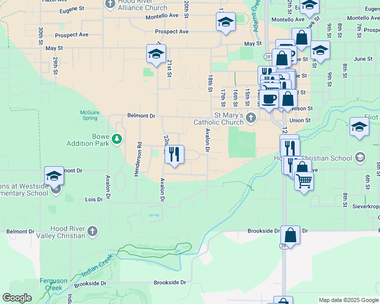 map of restaurants, bars, coffee shops, grocery stores, and more near 1706 Avalon Way in Hood River