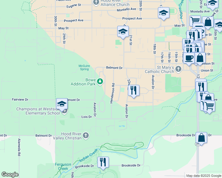 map of restaurants, bars, coffee shops, grocery stores, and more near 812 Henderson Road in Hood River