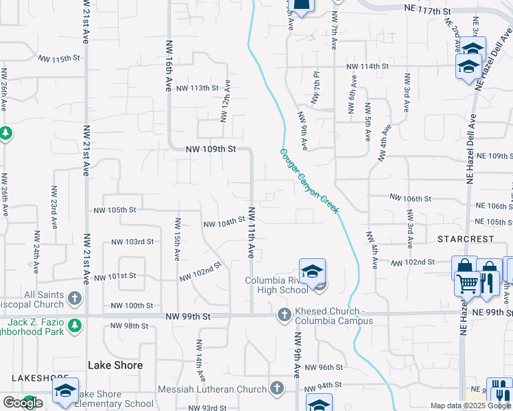 map of restaurants, bars, coffee shops, grocery stores, and more near 10504 Northwest 10th Place in Vancouver