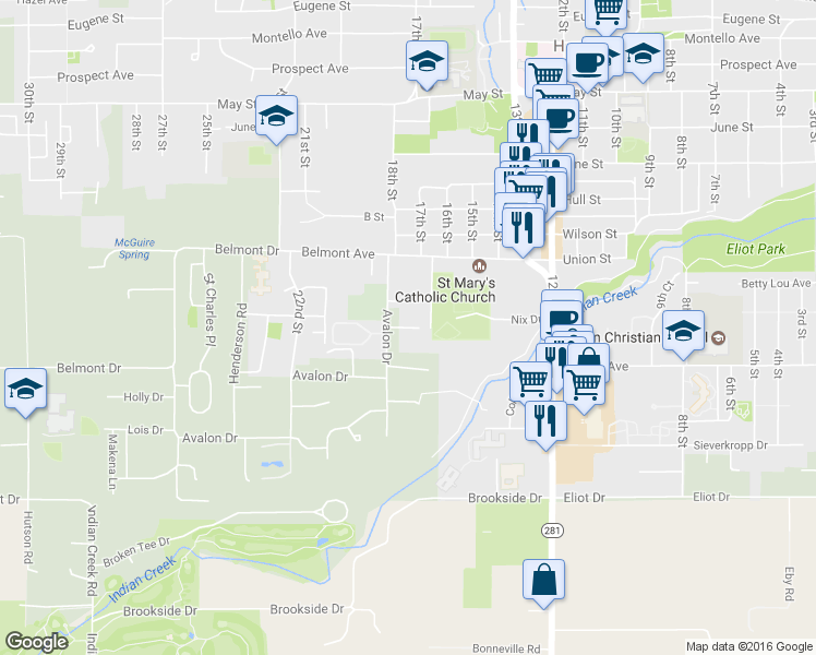 map of restaurants, bars, coffee shops, grocery stores, and more near 1681 Avalon Court in Hood River