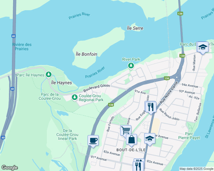 map of restaurants, bars, coffee shops, grocery stores, and more near 16700 Boulevard Gouin Est in Montréal