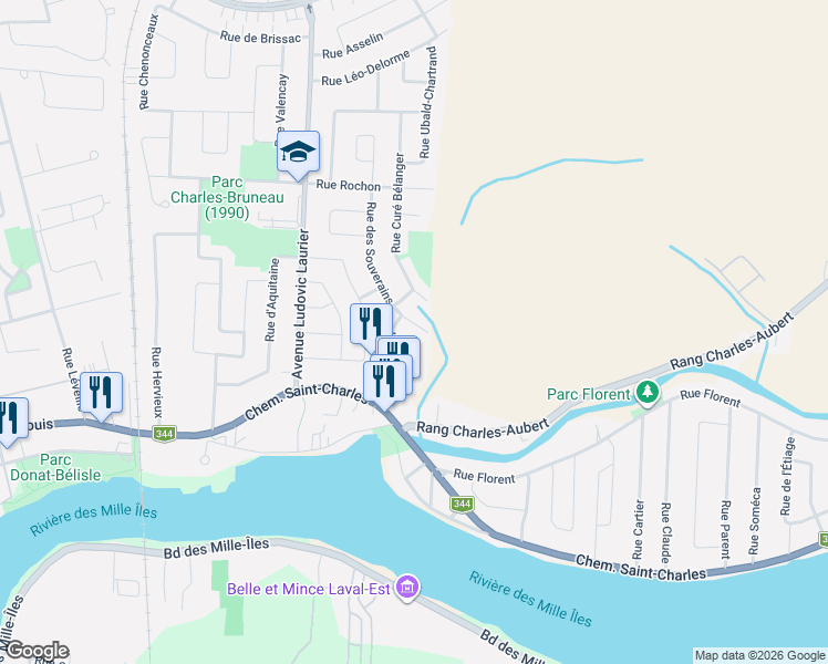 map of restaurants, bars, coffee shops, grocery stores, and more near 1766 Rue des Souverains in Terrebonne
