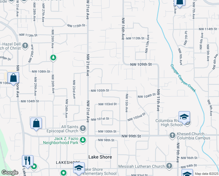 map of restaurants, bars, coffee shops, grocery stores, and more near 1802 Northwest 105th Street in Vancouver
