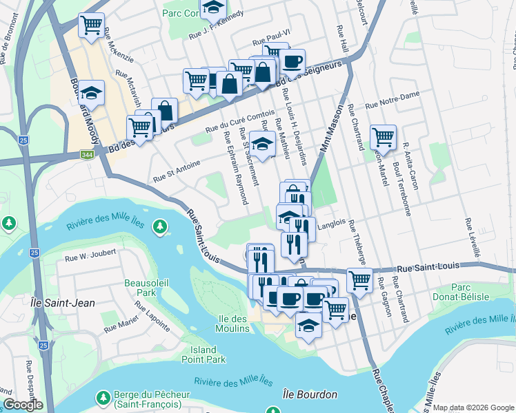 map of restaurants, bars, coffee shops, grocery stores, and more near 614 Rue Saint Sacrement in Terrebonne