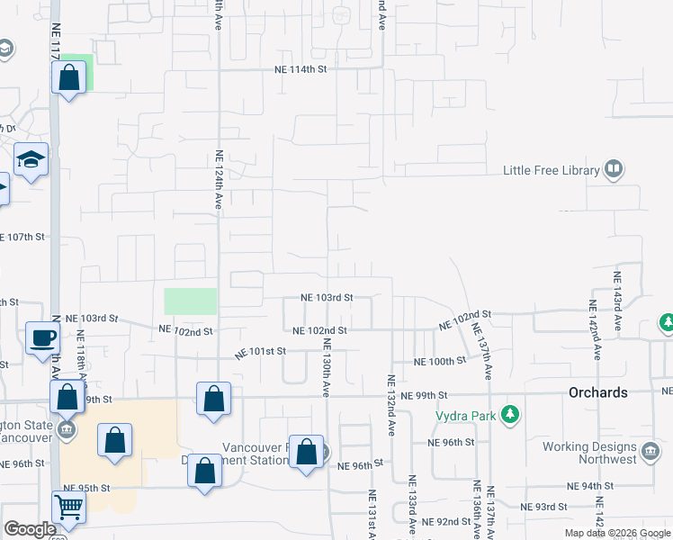 map of restaurants, bars, coffee shops, grocery stores, and more near 13000 Northeast 104th Street in Vancouver