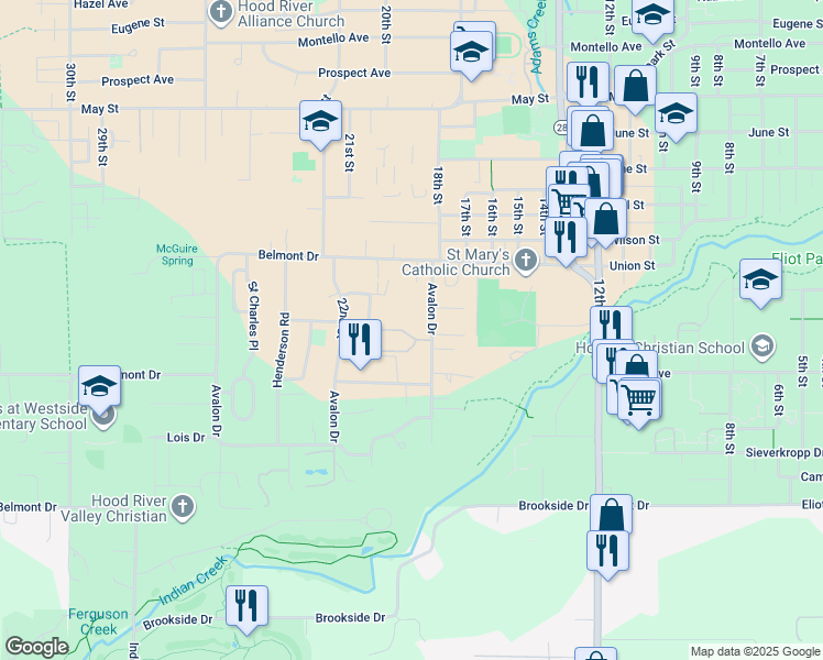 map of restaurants, bars, coffee shops, grocery stores, and more near 1706 Avalon Way in Hood River