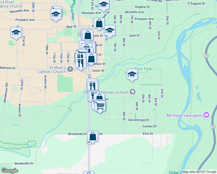 map of restaurants, bars, coffee shops, grocery stores, and more near 1600 9th Court in Hood River