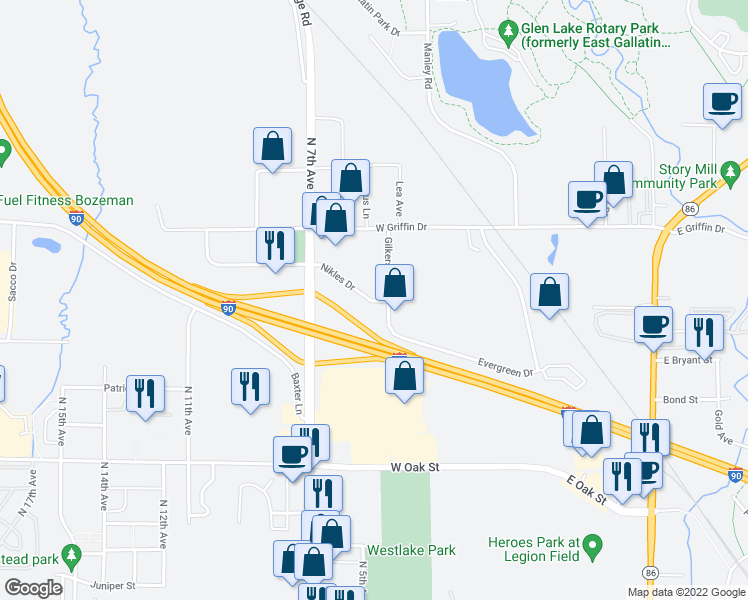 map of restaurants, bars, coffee shops, grocery stores, and more near 612 Nikles Street in Bozeman