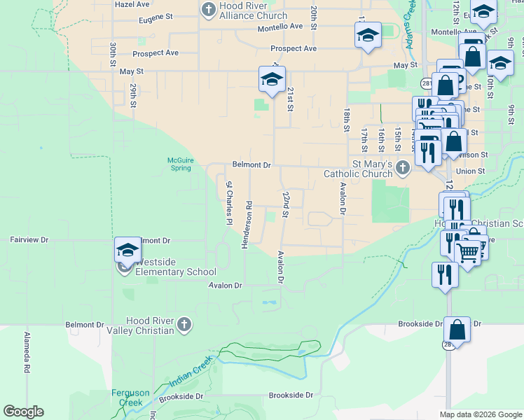 map of restaurants, bars, coffee shops, grocery stores, and more near 1721 Heritage Loop in Hood River