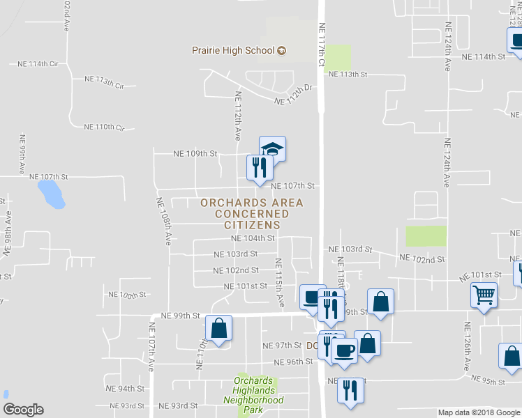 map of restaurants, bars, coffee shops, grocery stores, and more near 10509 Northeast 113th Avenue in Vancouver