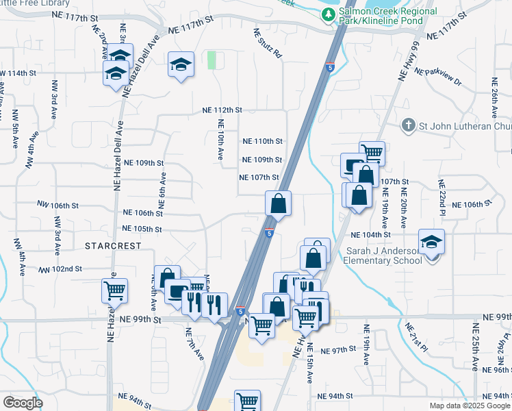 map of restaurants, bars, coffee shops, grocery stores, and more near 1118 Northeast 105th Street in Vancouver