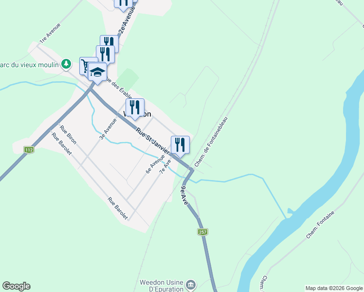 map of restaurants, bars, coffee shops, grocery stores, and more near 322 7e Av in Weedon
