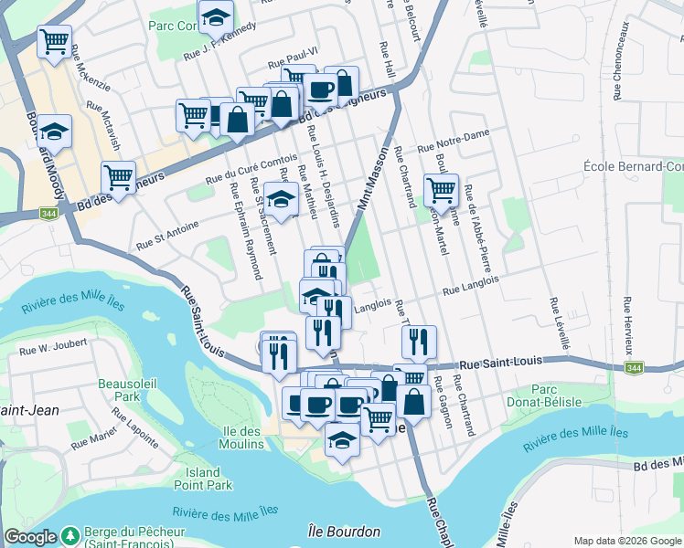 map of restaurants, bars, coffee shops, grocery stores, and more near 575 Montée Masson in Terrebonne