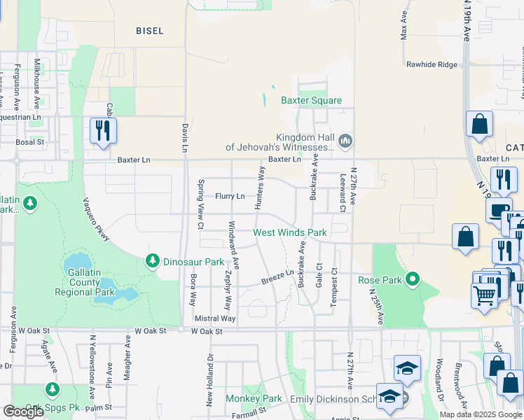 map of restaurants, bars, coffee shops, grocery stores, and more near 1806 Hunters Way in Bozeman