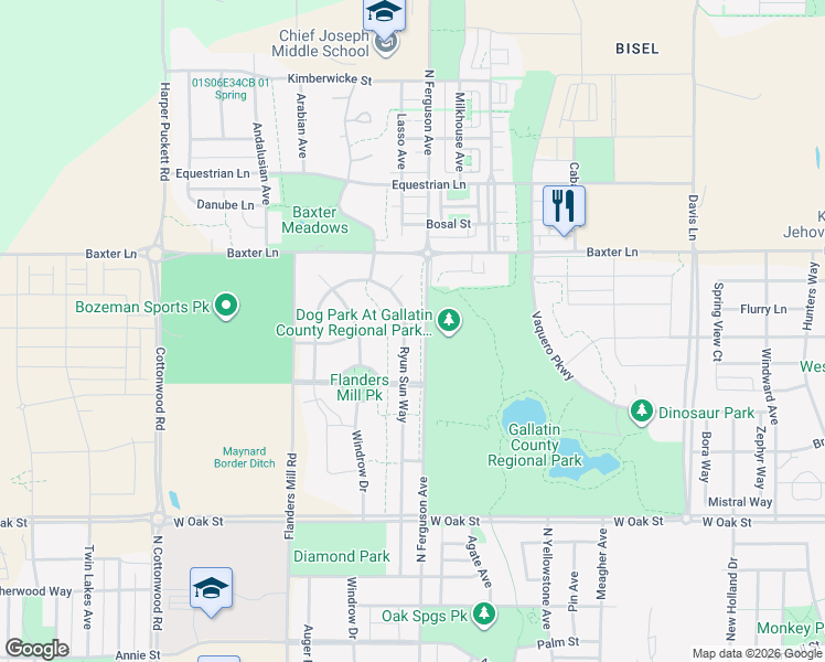 map of restaurants, bars, coffee shops, grocery stores, and more near 3924 E Baxter Ln in Bozeman
