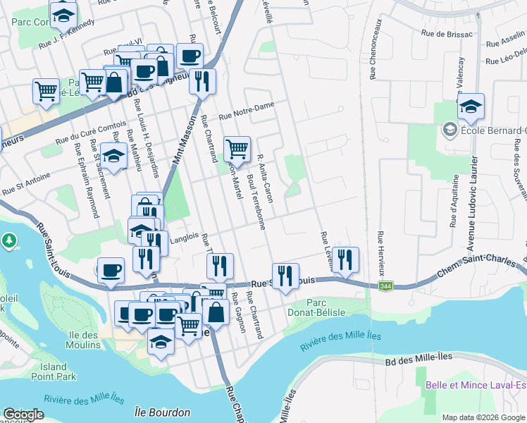 map of restaurants, bars, coffee shops, grocery stores, and more near 523 Boulevard de Terrebonne in Terrebonne