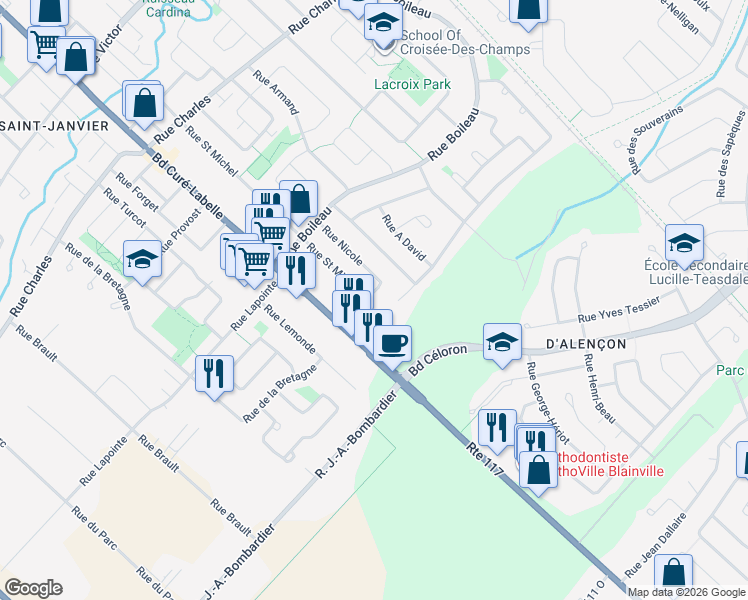 map of restaurants, bars, coffee shops, grocery stores, and more near 13305 Rue Nicole in Mirabel