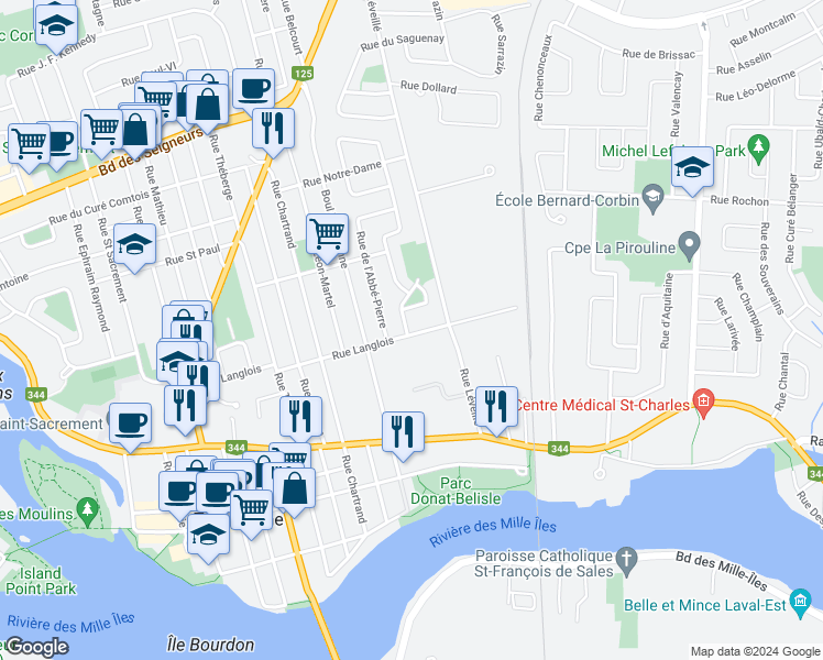 map of restaurants, bars, coffee shops, grocery stores, and more near 247 Rue Langlois in Terrebonne